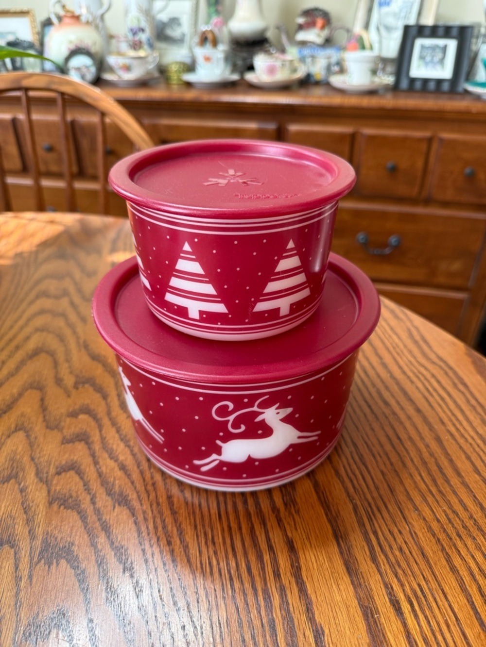 Vintage Tupperware Christmas Holiday Festive Red & White Containers Set of 2